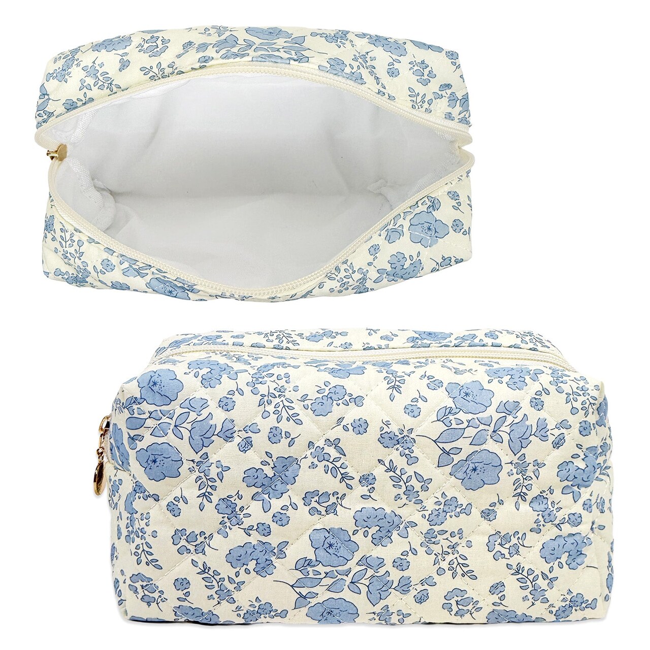 Wrapables Floral Quilted Makeup Bag for Cosmetics, Toiletries, Travel, Blue Cornflower
